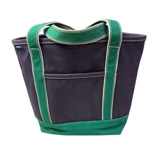 Lands End Canvas Tote Bag Navy Blue Green Cotton Open Top Pocket Key Clip 12in